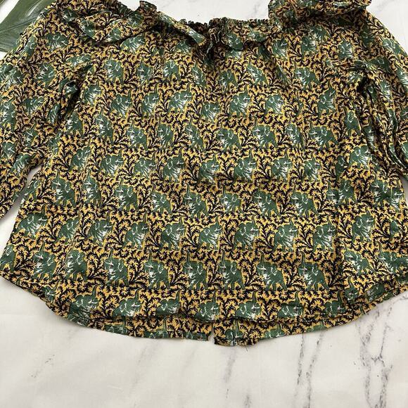 J.Crew Womens Off Shoulder Ratti Top Size M Yellow Green Elephants Ruffle Button - Picture 12 of 12